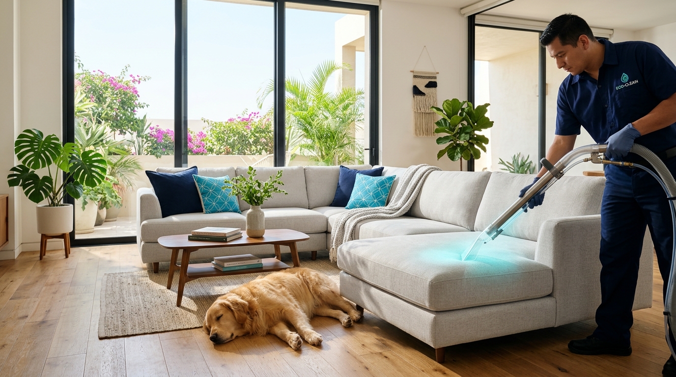 Sala impecable y luminosa con mascota Golden Retriever y bioseguridad Kanan